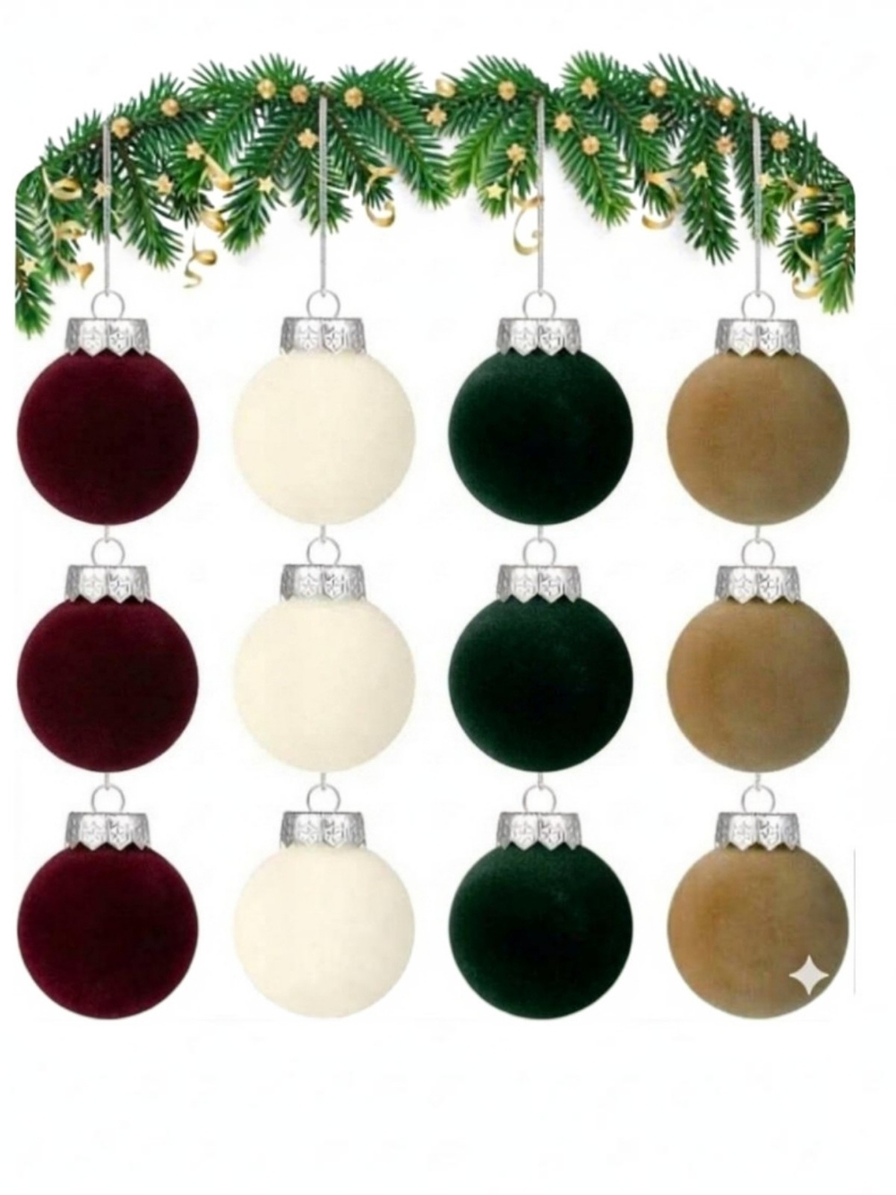 Velvet Holiday Ornaments - Burgundy, Ivory, Forest Green & Gold. 24 Count. NWT.